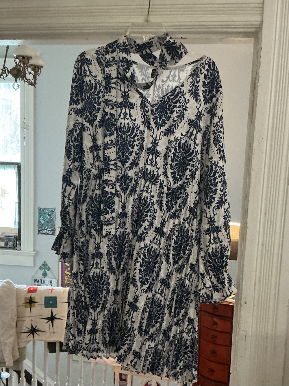 SHEIN White and Navy Floral Print Long Sleeve Dress size 1X